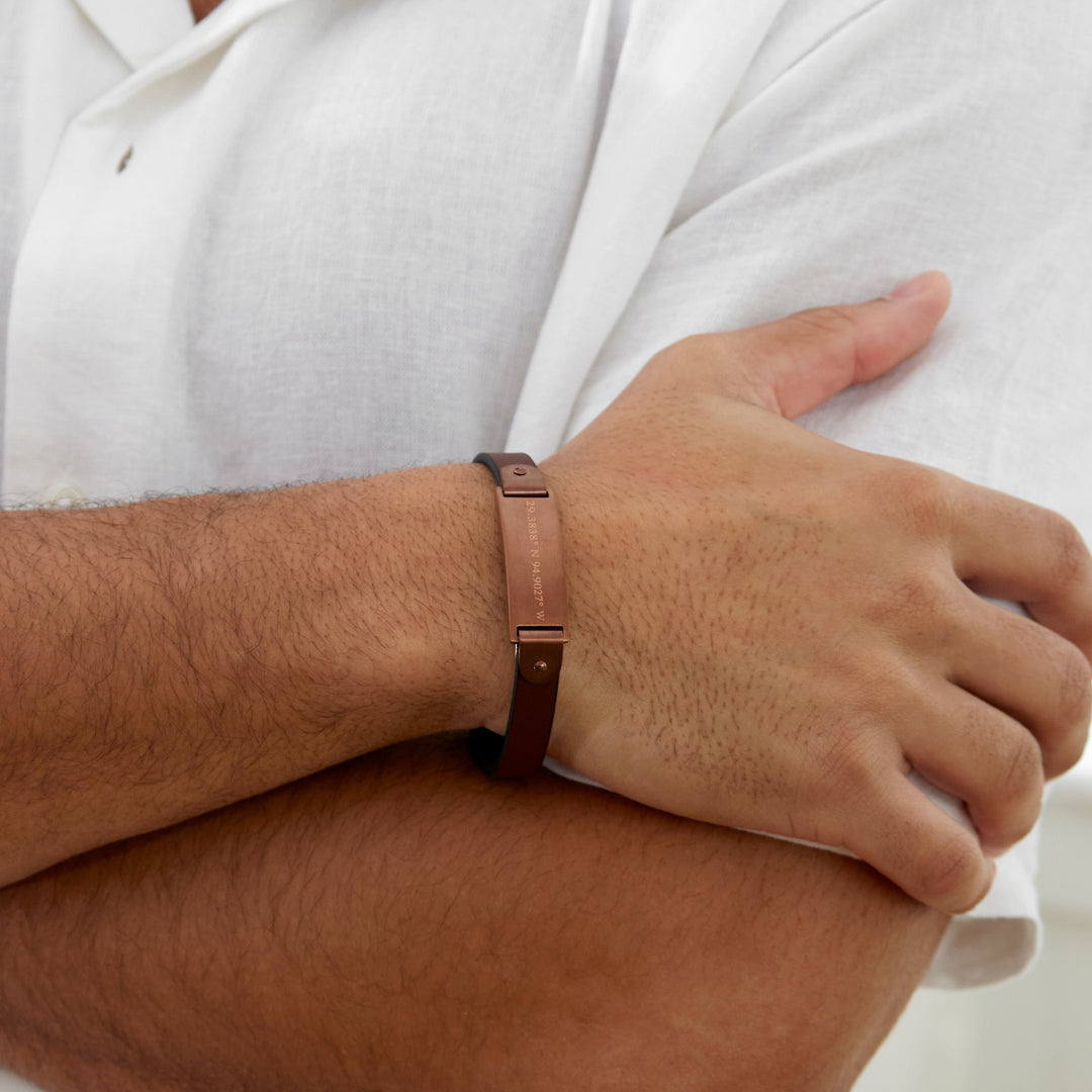 Men's Custom Coordinate Brushed Brown Stainless Steel Leather Bracelet