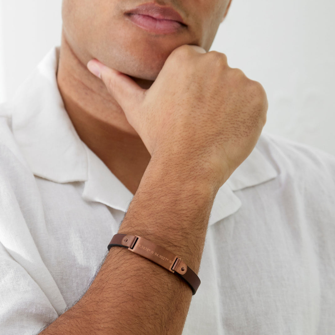 Men's Custom Coordinate Brushed Brown Stainless Steel Leather Bracelet