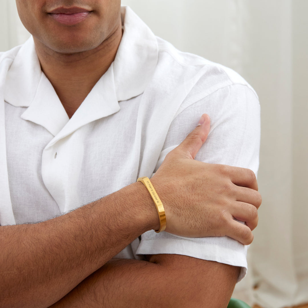 Custom Coordinate Men's Brushed Gold Plated Stainless Steel Rectangle Cuff Bracelet