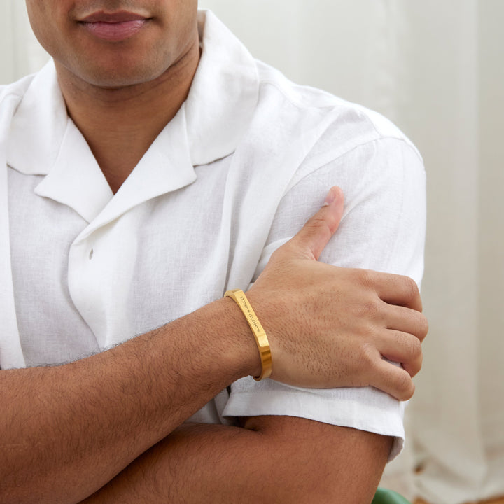 Custom Coordinate Men's Brushed Gold Plated Stainless Steel Rectangle Cuff Bracelet