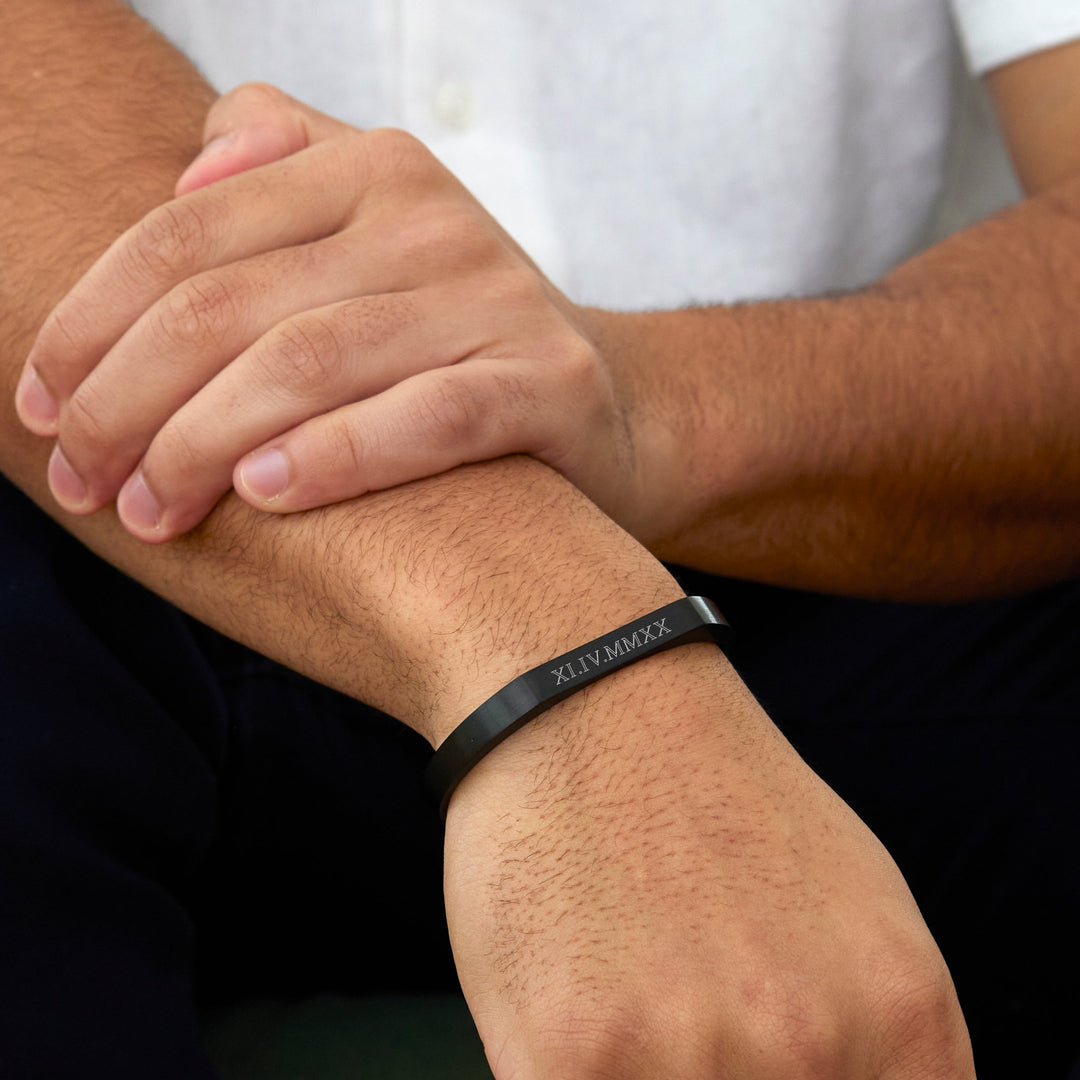 Roman Numeral Men's Brushed Black Plated Stainless Steel Rectangle Cuff Bracelet