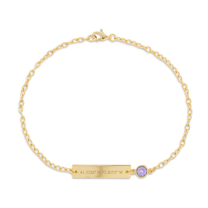 Custom Coordinate Bezel Set Birthstone Gold Name Bar Bracelet