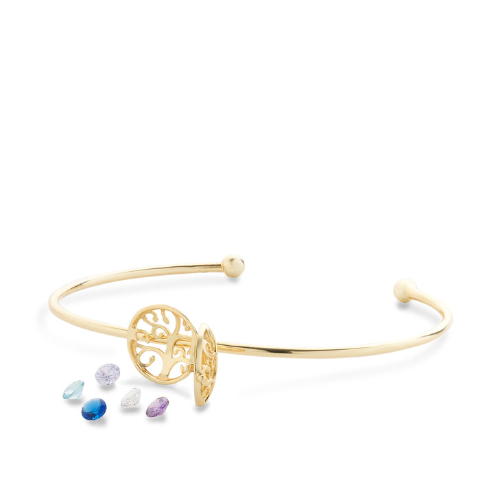 Family Tree 4mm Round Birthstone Gold Cuff Bracelet