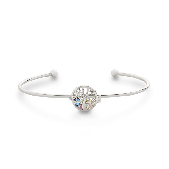 Family Tree 4mm Round Birthstone Silver Cuff Bracelet