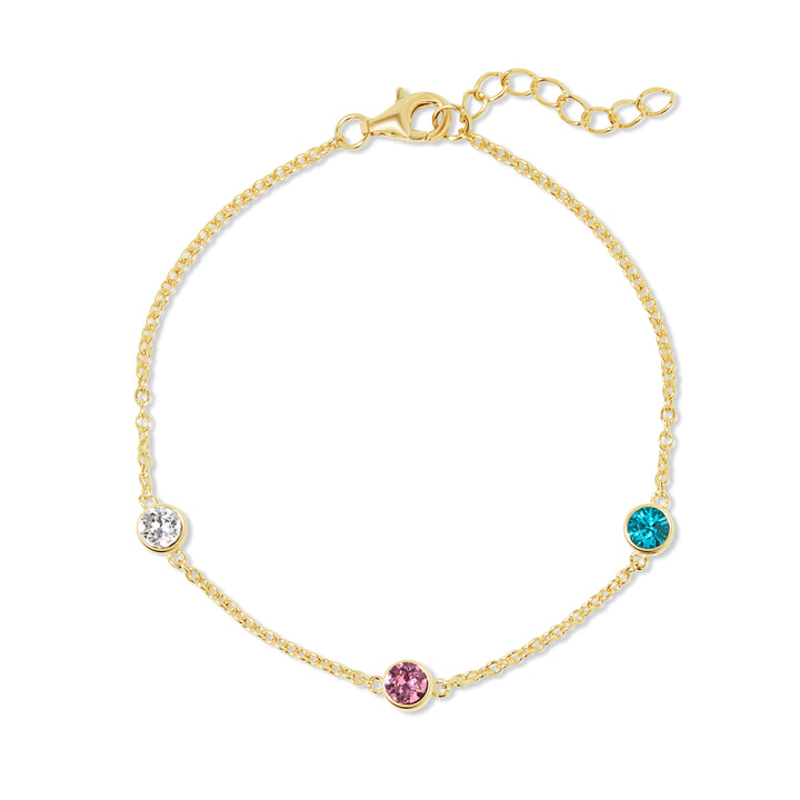 Three Stone Floating Bezel Set Gold Birthstone Bracelet