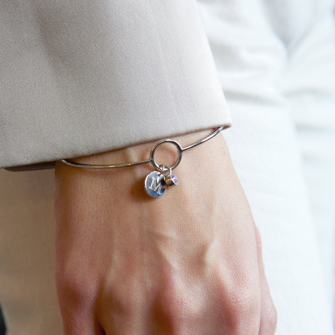 Custom Birthstone and Initial Charm Bangle Bracelet