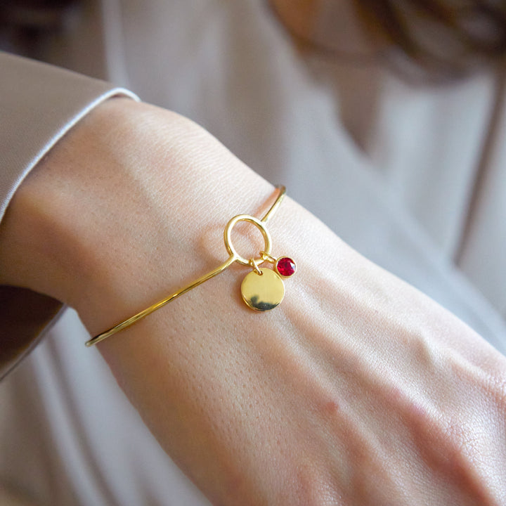 Custom Gold Birthstone and Initial Charm Bangle Bracelet