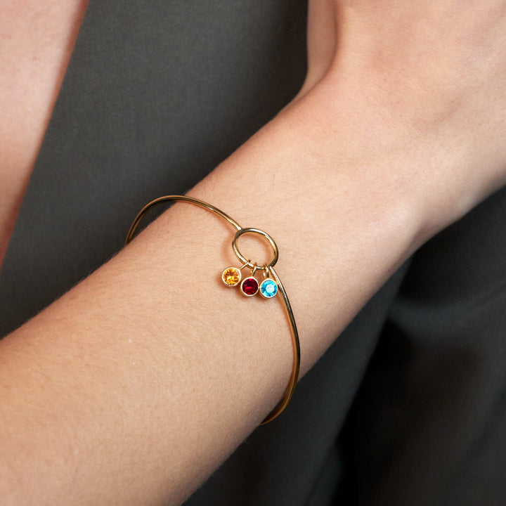 Three Stone Gold Birthstone Charm Bangle Bracelet