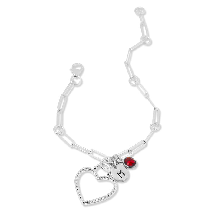 Custom Hand Stamped Initial Birthstone Heart Charm Bracelet