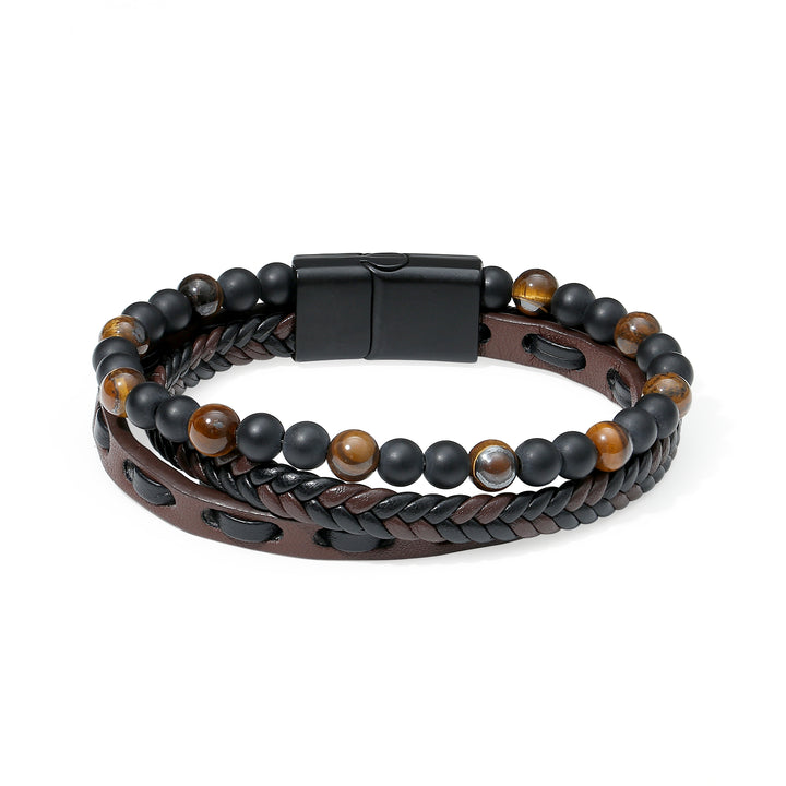 Men's Woven Leather and Beaded Bracelet