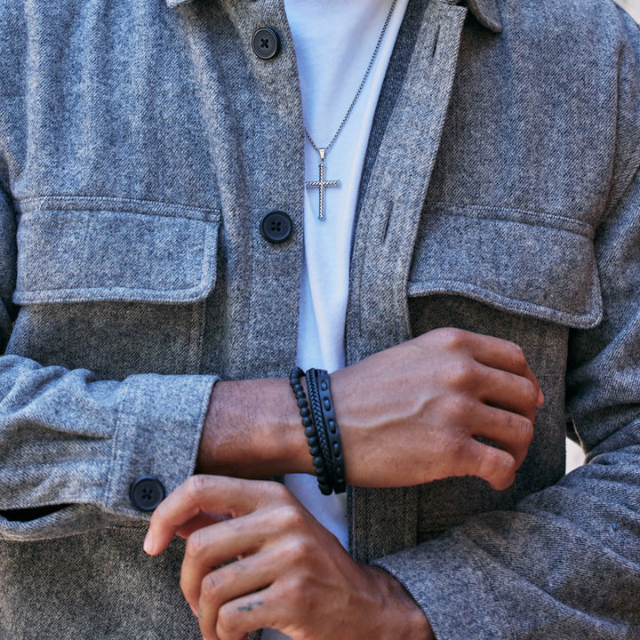 Men's Woven Leather and Beaded Bracelet