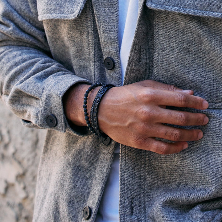 Men's Woven Leather and Beaded Bracelet