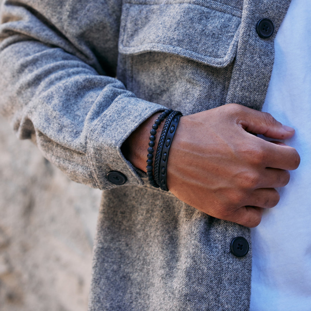 Men's Woven Leather and Beaded Bracelet