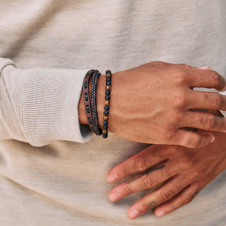 Men's Woven Leather and Beaded Bracelet