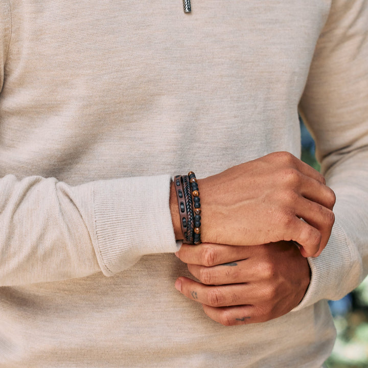 Men's Woven Leather and Beaded Bracelet