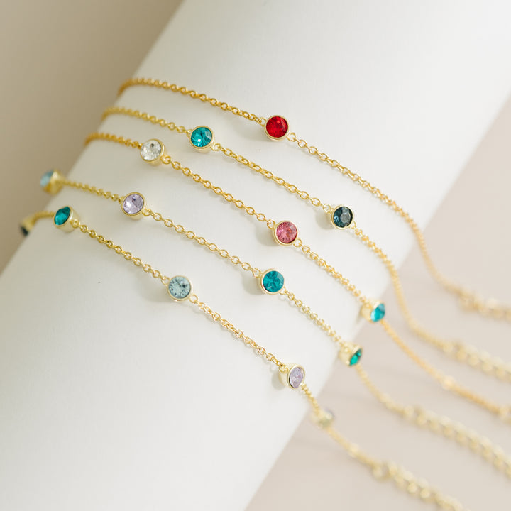 Three Stone Floating Bezel Set Gold Birthstone Bracelet