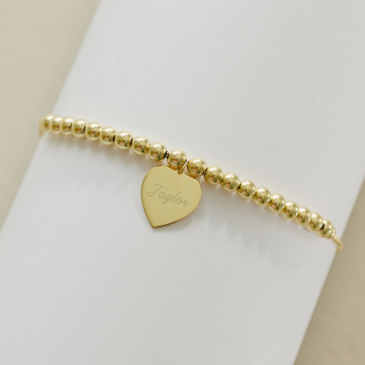 Engravable Heart Tag Beaded Gold Bolo Bracelet