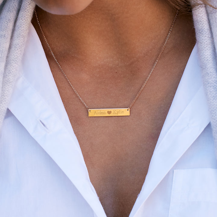 Couples Heart Rose Gold Name Bar Necklace