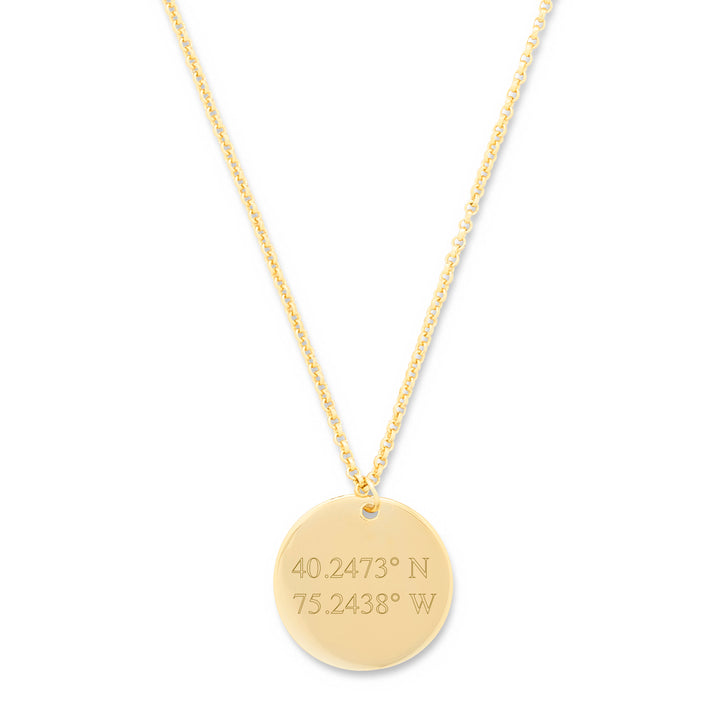 Custom Coordinate Gold Round Tag Pendant - 2 line coordinate