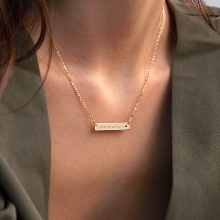 Custom Coordinate Gold Birthstone Bar Necklace