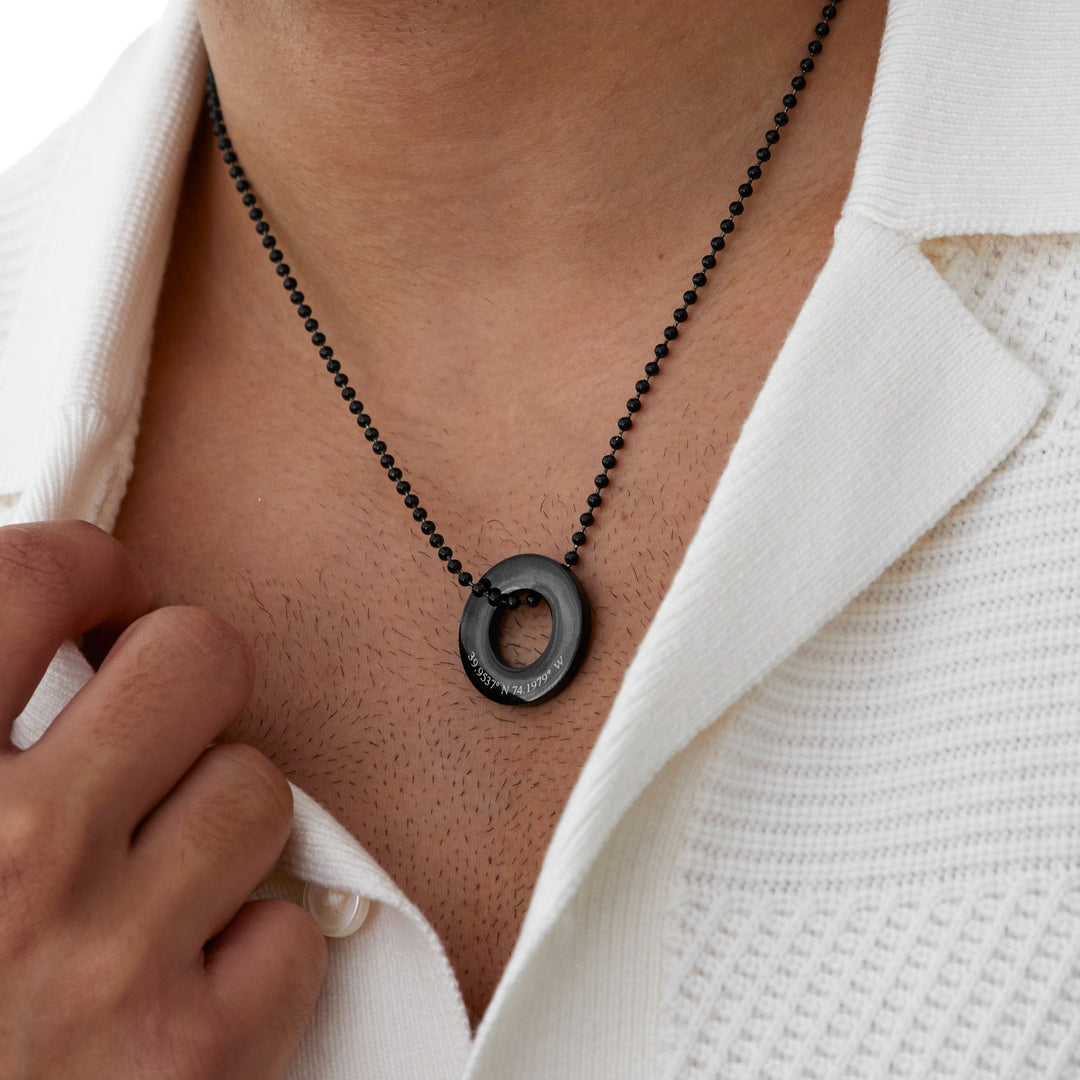 Custom Coordinate Men's Black Stainless Steel Circle Pendant