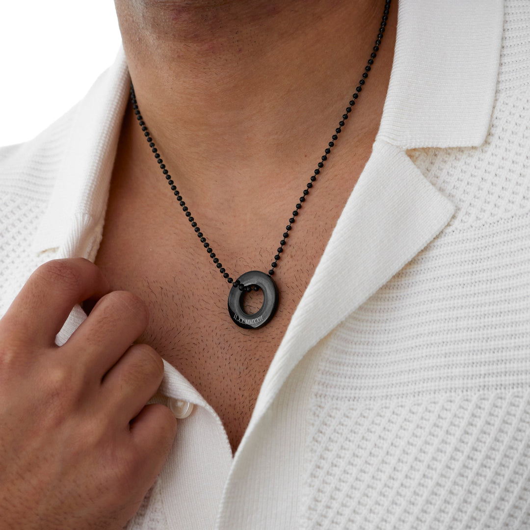 Roman Numeral Men's Black Stainless Steel Circle Pendant