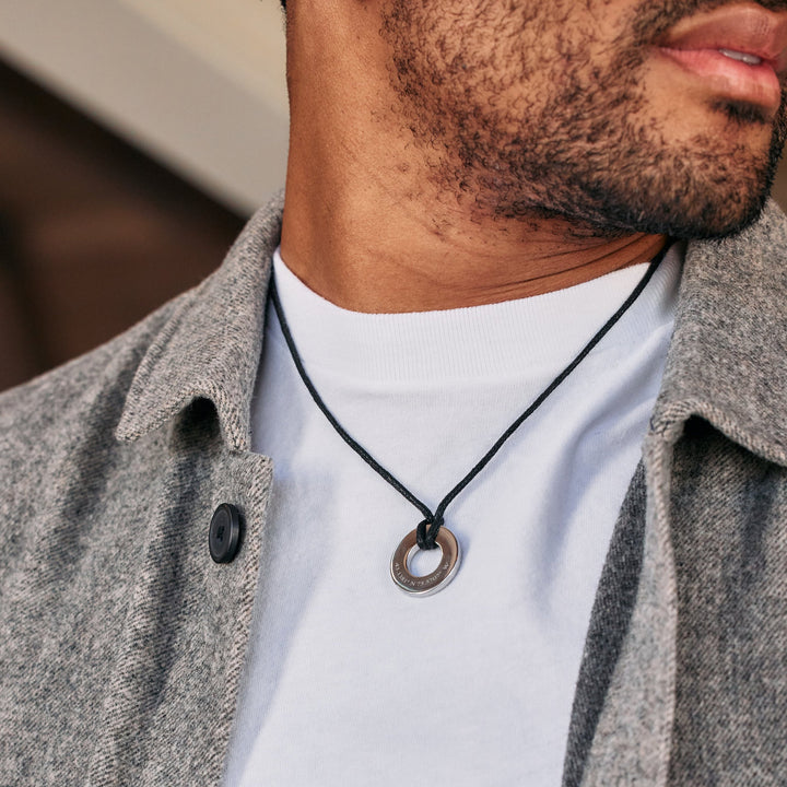 Custom Coordinate Men's Black Cord Circle Pendant