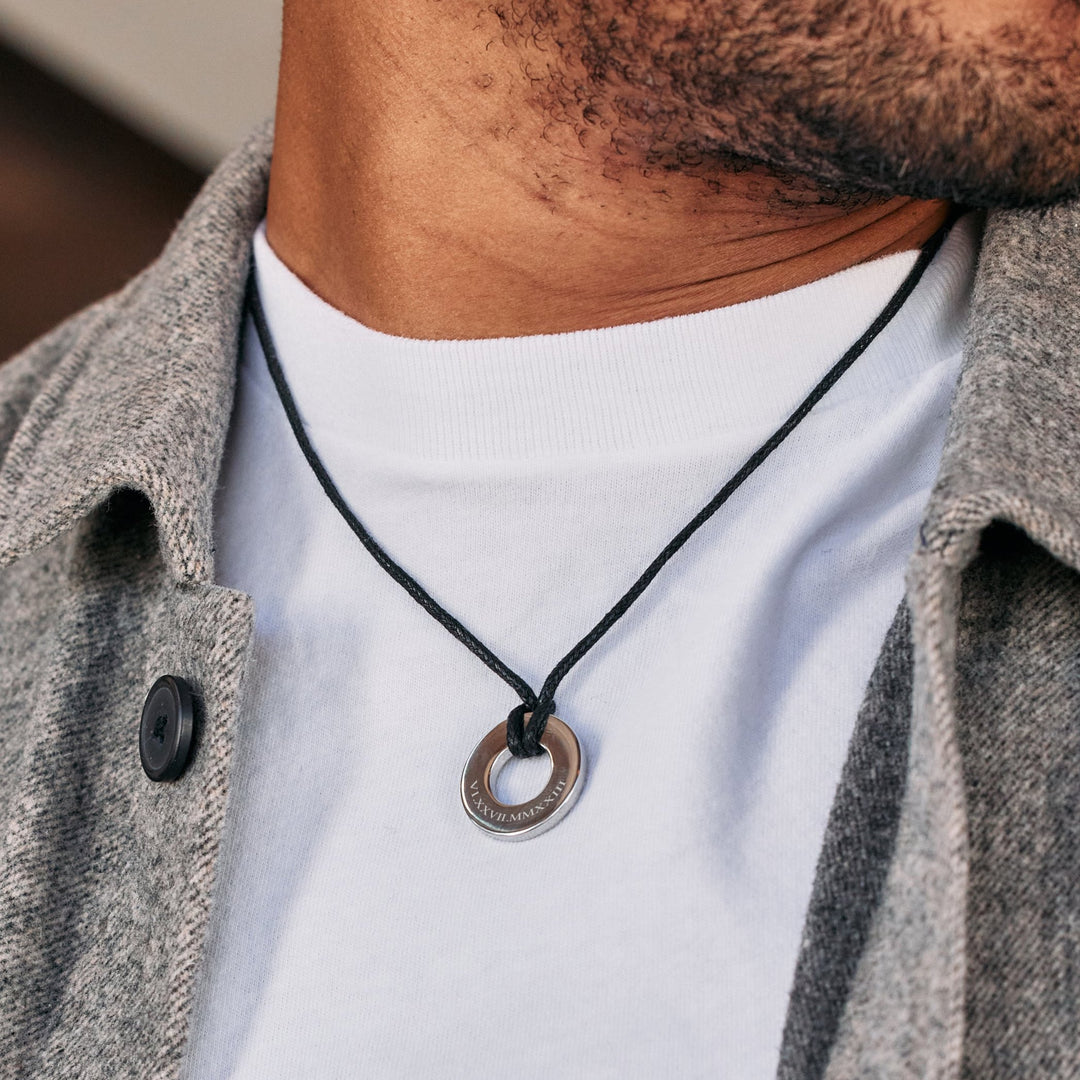 Roman Numeral Men's Black Cord Circle Pendant