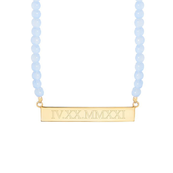 Engravable Blue Lace Agate Gold Roman Numeral Bar Necklace