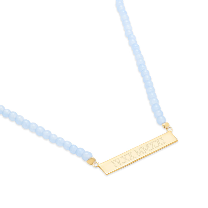 Engravable Blue Lace Agate Gold Roman Numeral Bar Necklace