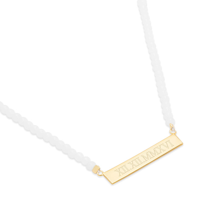 Engravable White Agate Gold Roman Numeral Bar Necklace