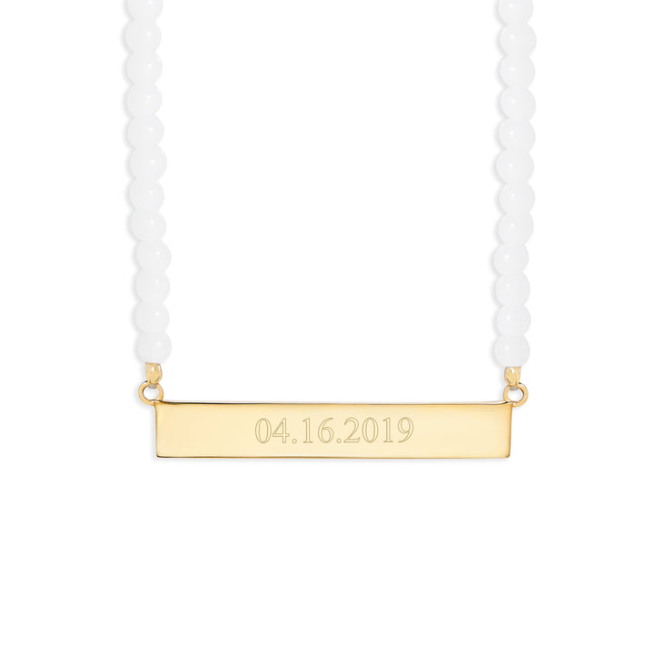 Engravable White Agate Gold Date Bar Necklace