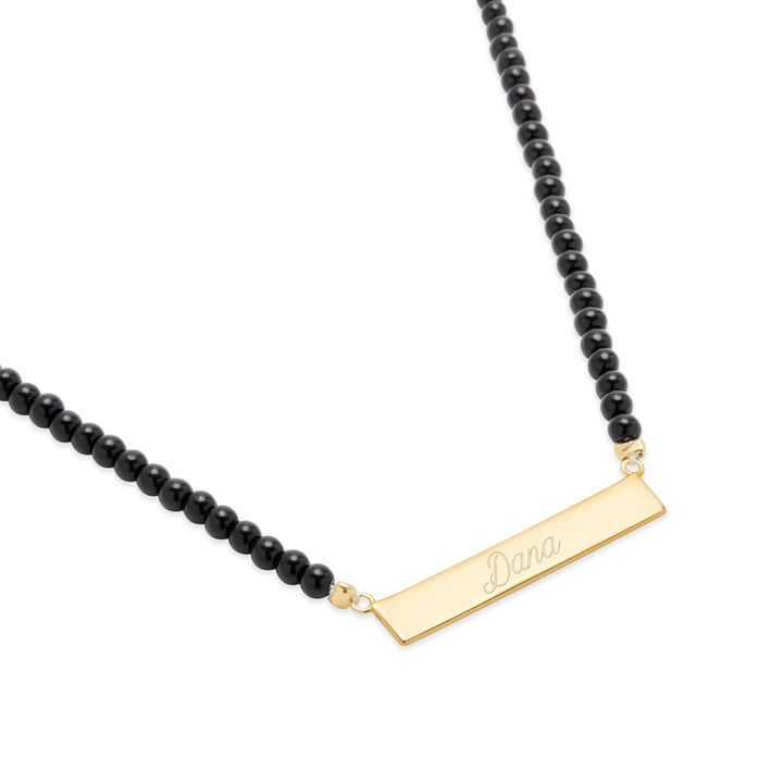 Engravable Black Onyx Gold Name Bar Necklace