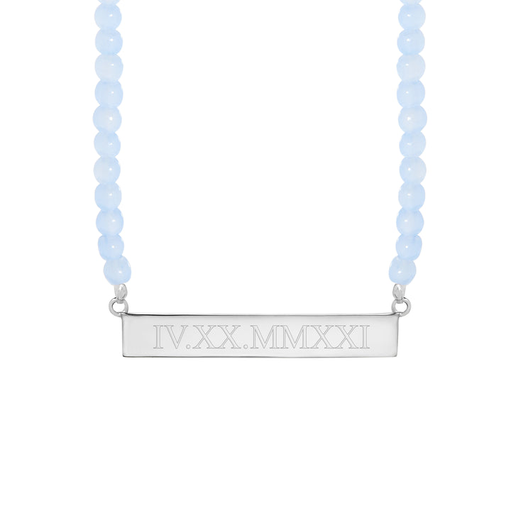 Engravable Blue Lace Agate Roman Numeral Bar Necklace