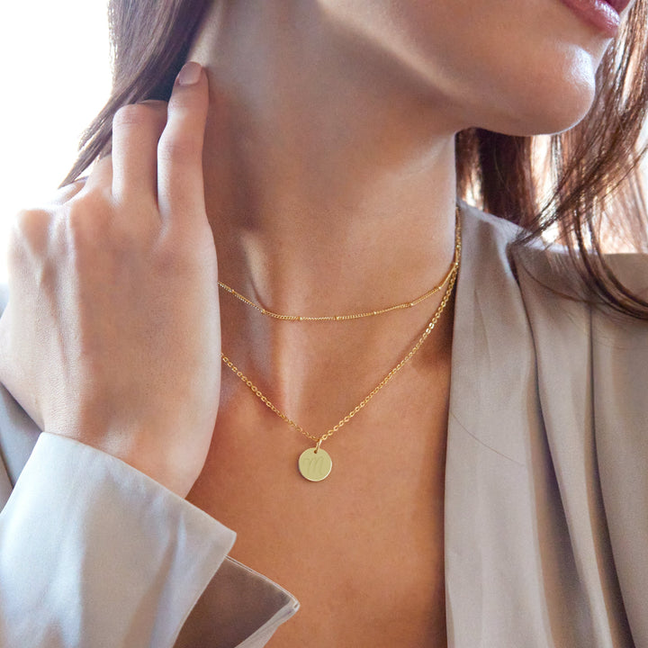 Gold Plated Engravable Round Tag Layered Necklace Set