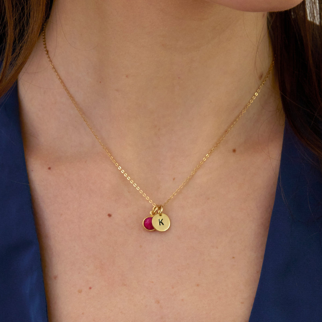 Hand Stamped Gold Mini Initial Custom Birthstone Necklace