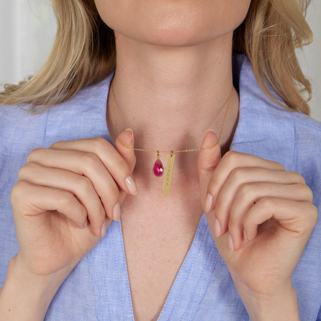 Vertical Rose Gold Name Bar Necklace with Custom Birthstone