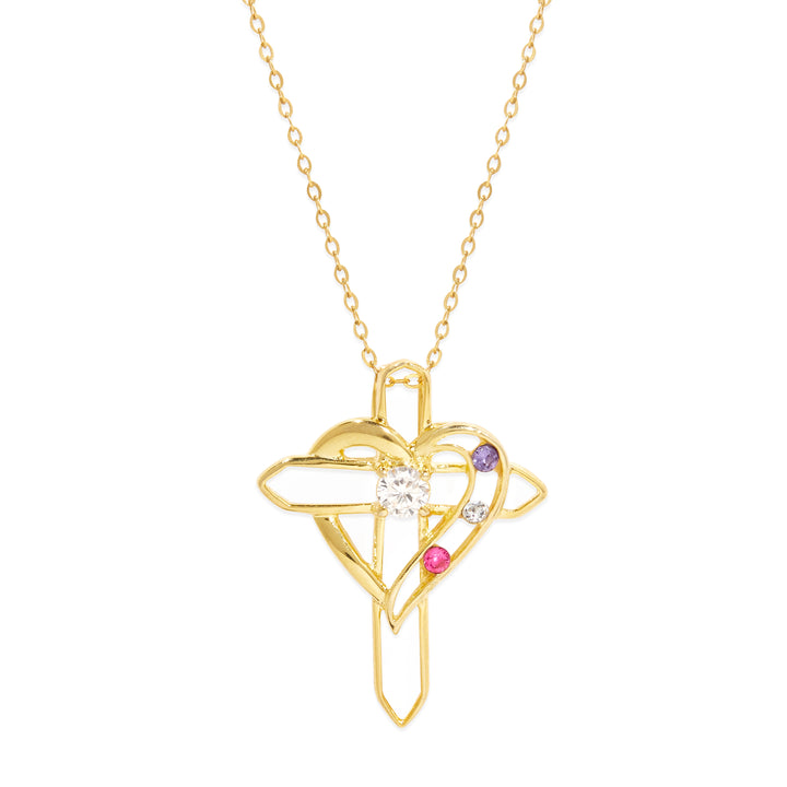 3 Birthstone Heart and Cross Gold Necklace