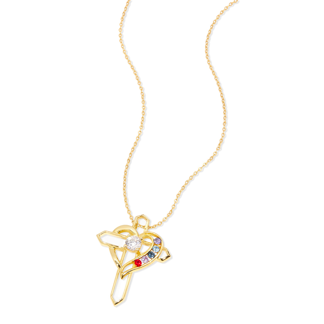 5 Birthstone Heart and Cross Gold Necklace