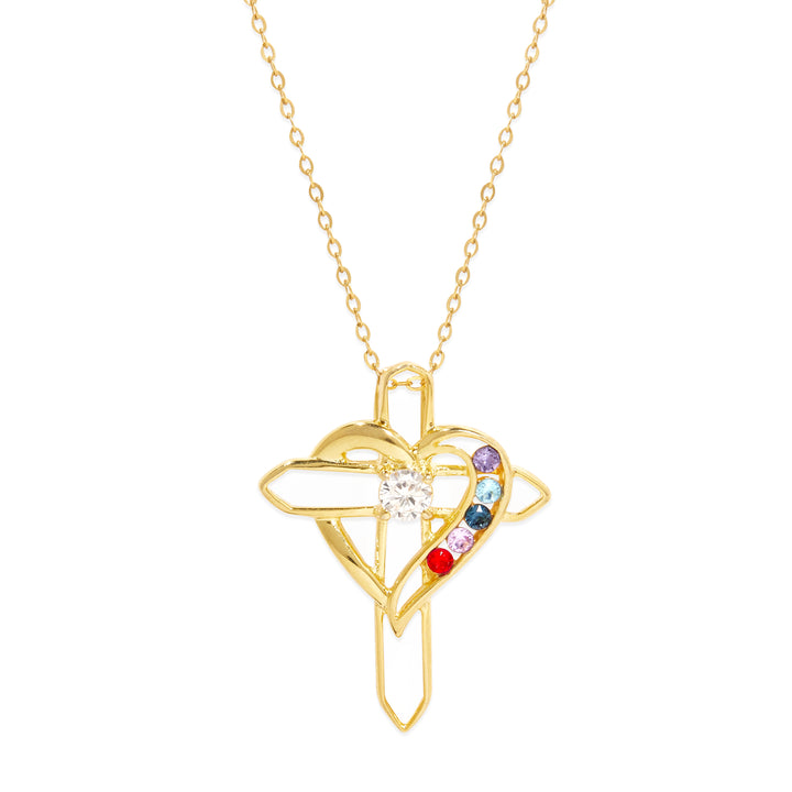 5 Birthstone Heart and Cross Gold Necklace