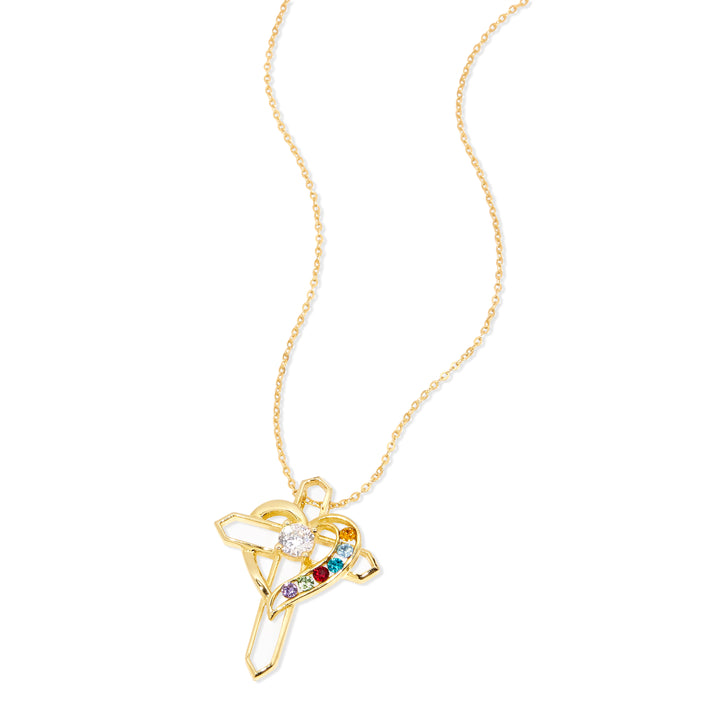 6 Birthstone Heart and Cross Gold Necklace