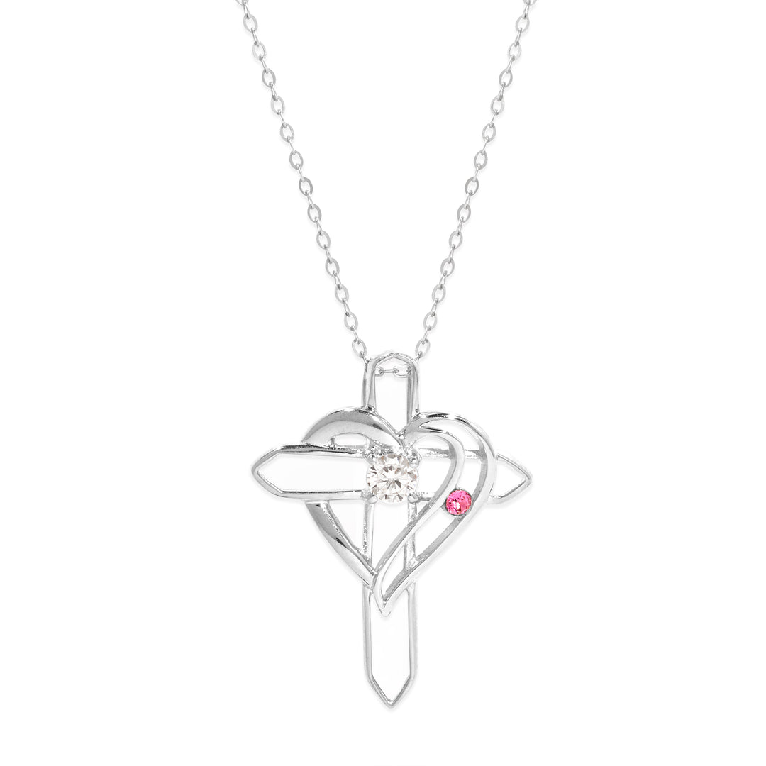 Custom Birthstone Heart and Cross Necklace