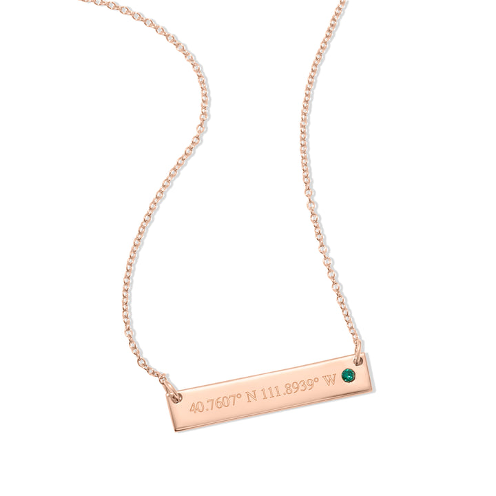 Custom Coordinate Rose Gold Birthstone Bar Necklace