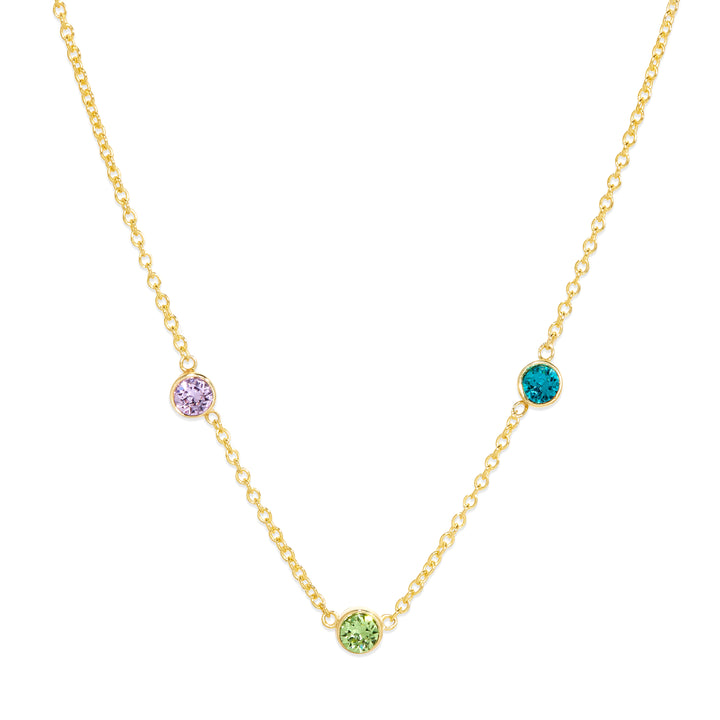 Three Stone Floating Bezel Set Gold Birthstone Necklace