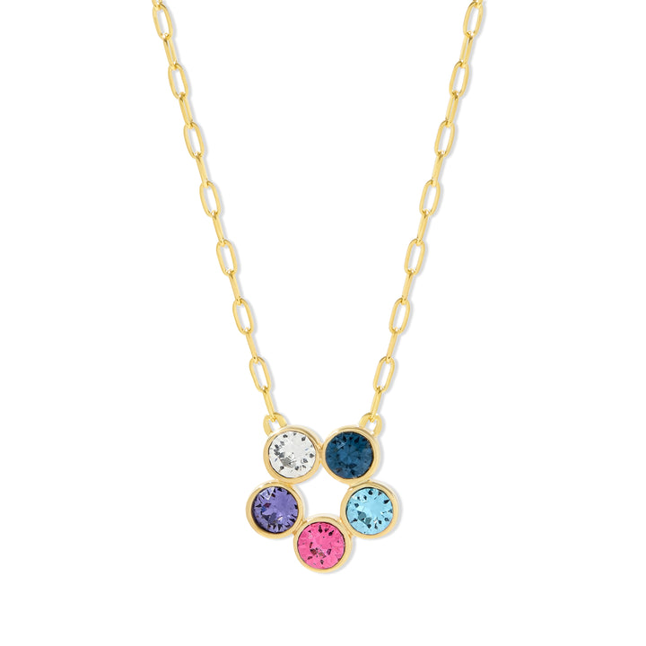 Custom Paperclip Chain Five Stone Gold Flower Bezel Birthstone Necklace