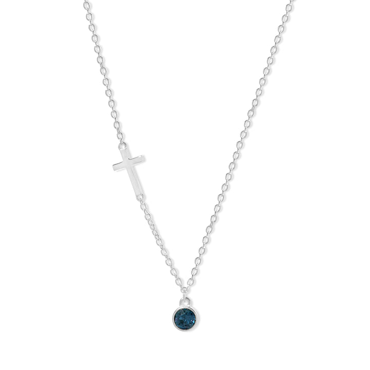 Custom Bezel Set Silver Cross Birthstone Necklace