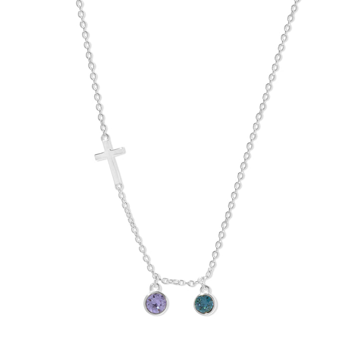 Two Stone Bezel Set Silver Cross Birthstone Necklace