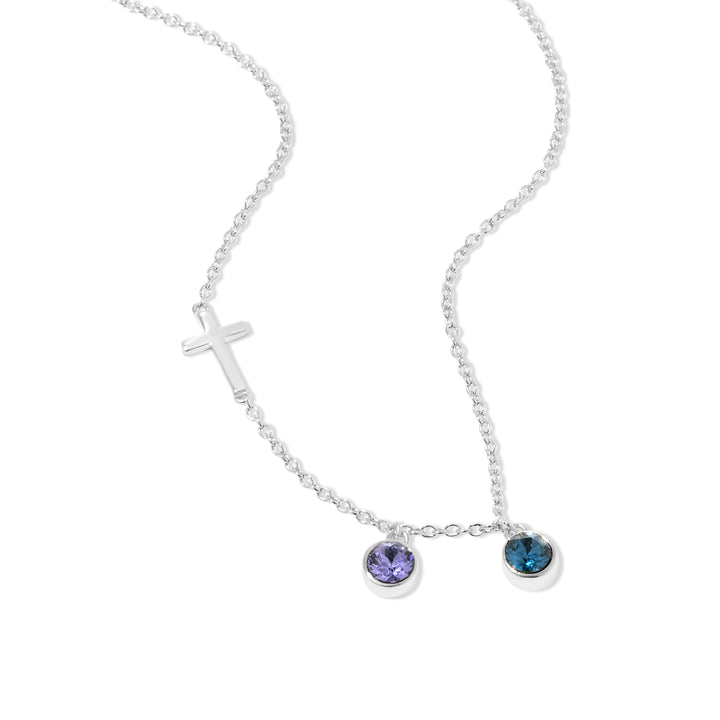 Two Stone Bezel Set Silver Cross Birthstone Necklace