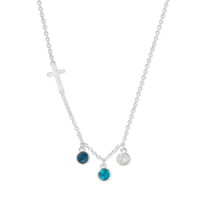 Three Stone Bezel Set Silver Cross Birthstone Necklace