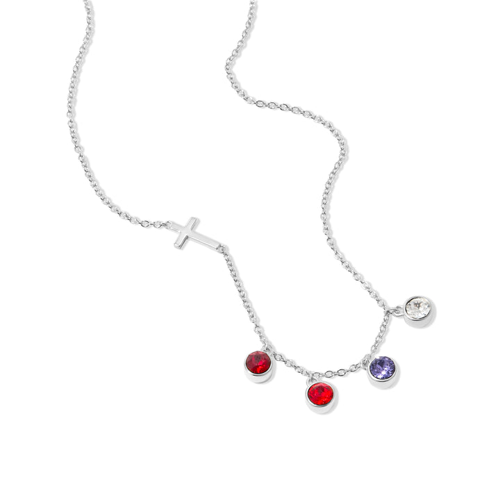 Four Stone Bezel Set Silver Cross Birthstone Necklace